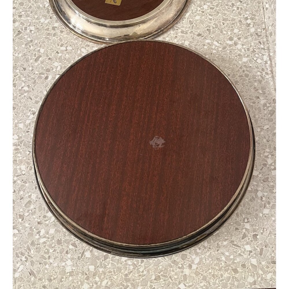 Round Serving Cocktail Tray Formica Wood Grain Set of 2 MCM Vintage Cresent & ? - Picture 7 of 12